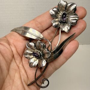Vintage Two Flower Bouquet Large Cut Out Metal With Amethyst Glass Center Brooch